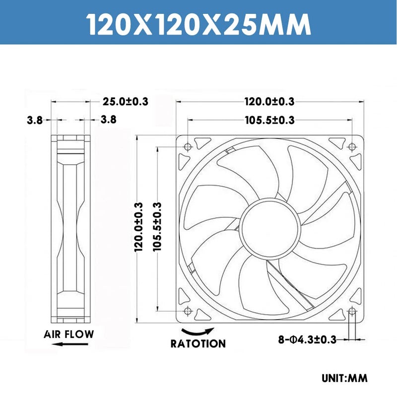WINSINN مروحة WINSINN 120mm 24V ذات محامل كروية مزدوجة بدون فرش 12025 120x25mm لتبريد علبة الكمبيوتر ومعالجات CPU والمشعات - 2Pin - Image 2